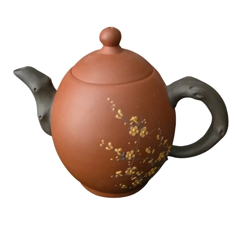 Yixing Zisha Clay Teapot Set Hand Painted Plum Blossom Branch 3pc Tea Set‎ Brown